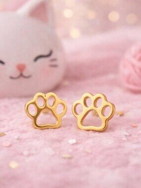18K Gold Plated Paw Print Stud Earrings Stainless Steel Hypoallergenic Dog Cat